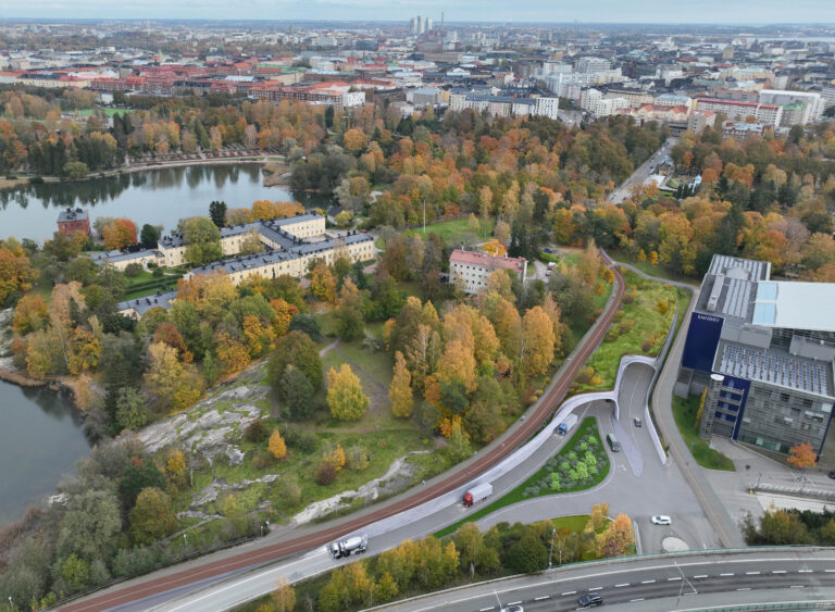 Havainnekuva tunnelin suuaukosta puustoisessa kaupunkiympäristössä