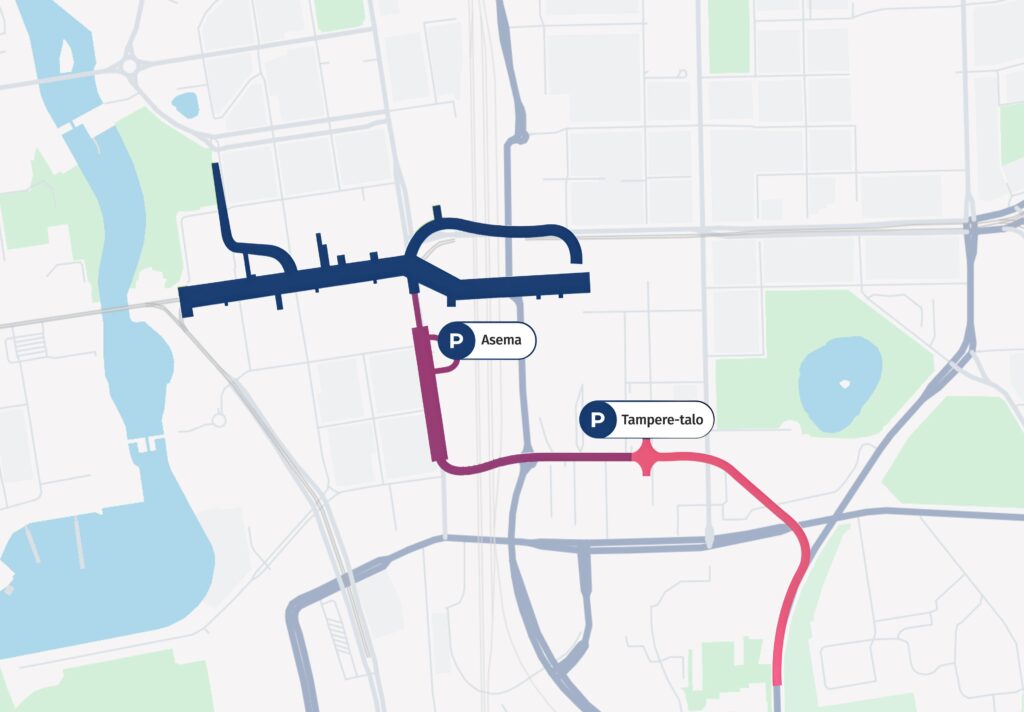 Karttakuva maanalaisen pysäköintilaitoksen ja ajoyhteyden sijainnista